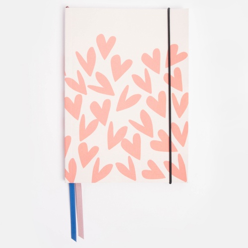 Coral Heart  Print A5 Notebook with Ribbon Page Markers By Caroline Gardner