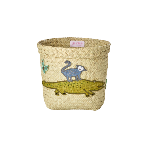 Small Round Raffia Basket Crocodile Embroidery By Rice