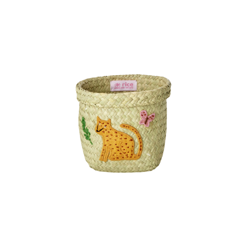 Extra Small Round Raffia Basket Leopard Embroidery By Rice