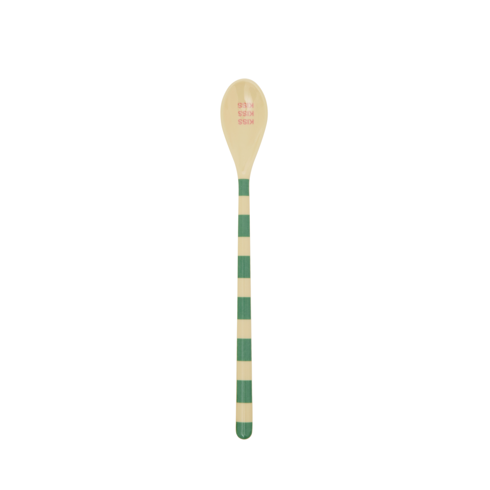 Cream with Green Stripe Print Long Handle Melamine Latte Spoon Rice DK