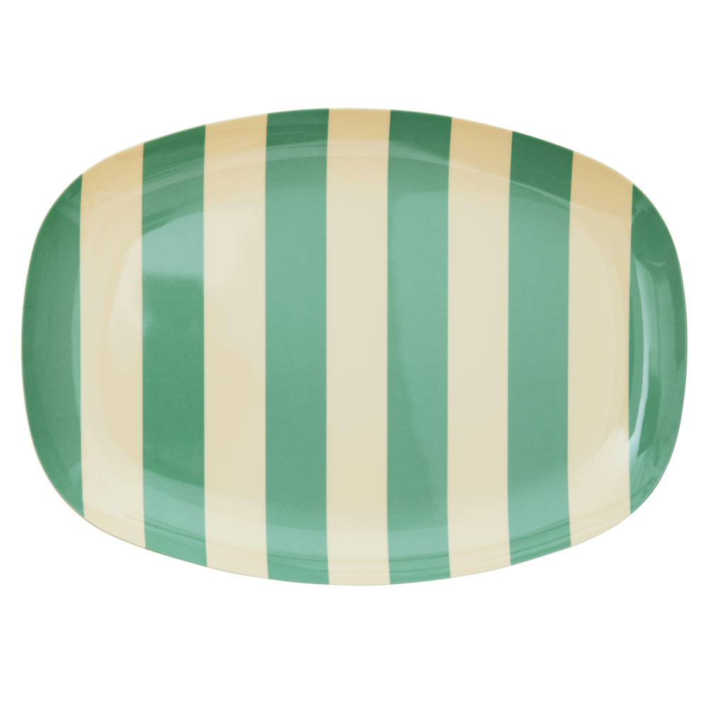 Cream with Green Stripe Print Melamine Rectangular Plate By Rice DK