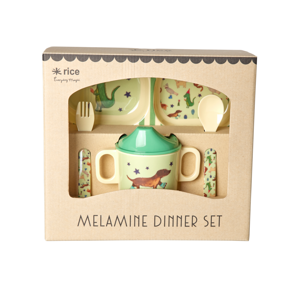 Party Animal Green Print Baby 4 Piece Melamine Dinner Set in Gift Box By Rice