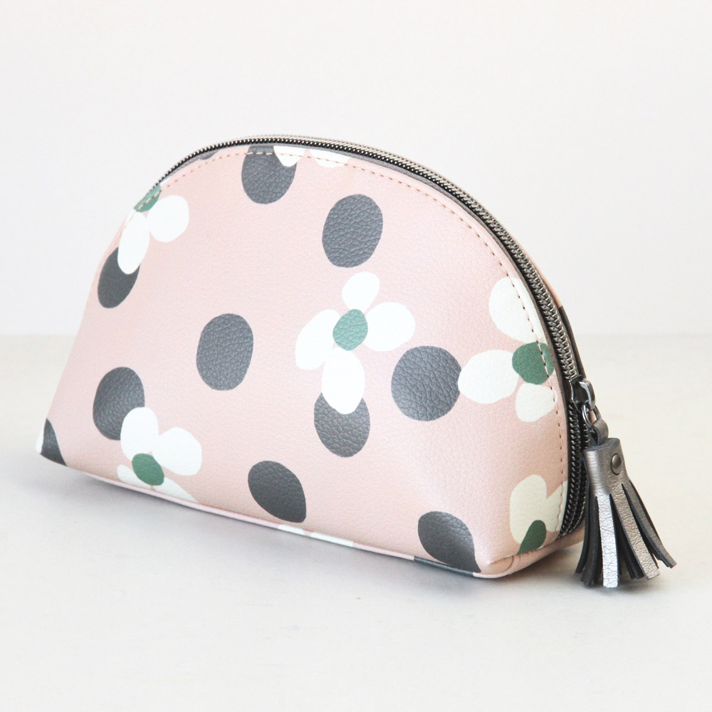 Floral Spot Pink Half Moon Cosmetic Bag By Caroline Gardner