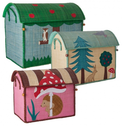 Set of 3 Happy Forest Theme Raffia Toy Storage Baskets Rice DK