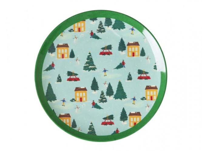 Christmas Happy Holidays Print Small Round Melamine Plate Rice DK