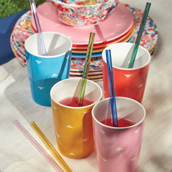 Set of 4 Melamine Cups By Joules, bright colours and Bee print