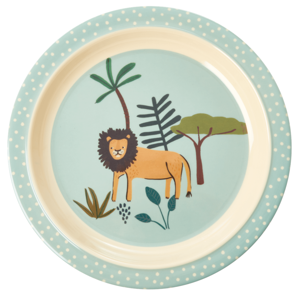 Jungle Animal Print Kids Melamine Plate Lion Blue Background Rice DK ...