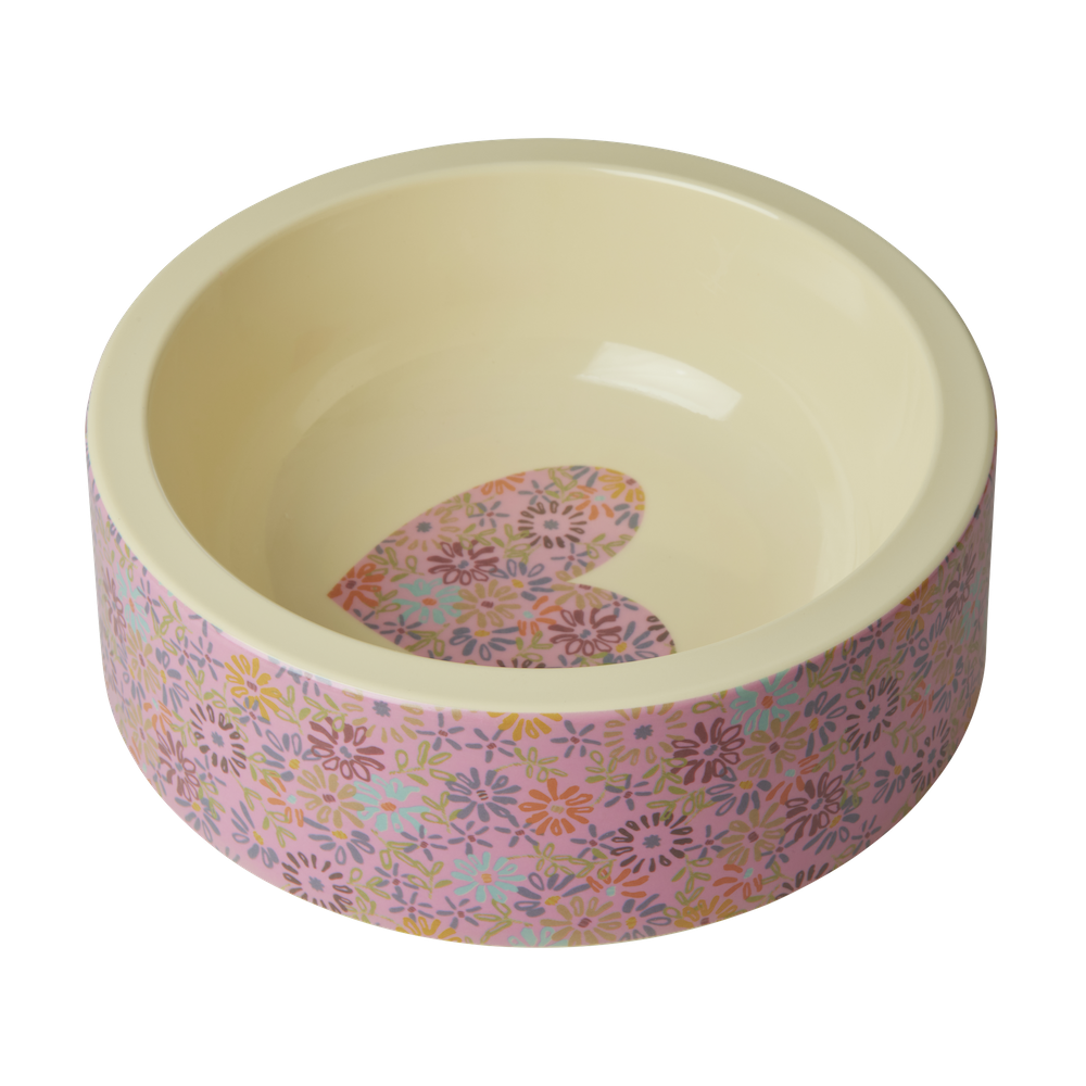 Pink Floral Heart Print Melamine Dog Food or Water Bowl By Rice