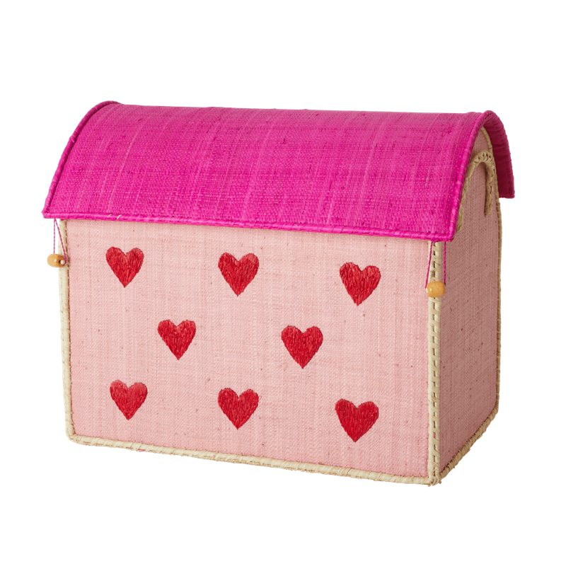 Medium Pink Heart Raffia Toy Storage Baskets Rice DK