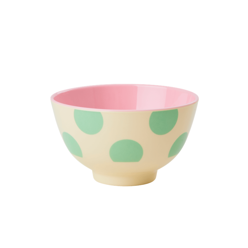 Cream with Green Dot Print Small Melamine Bowl By Rice DK