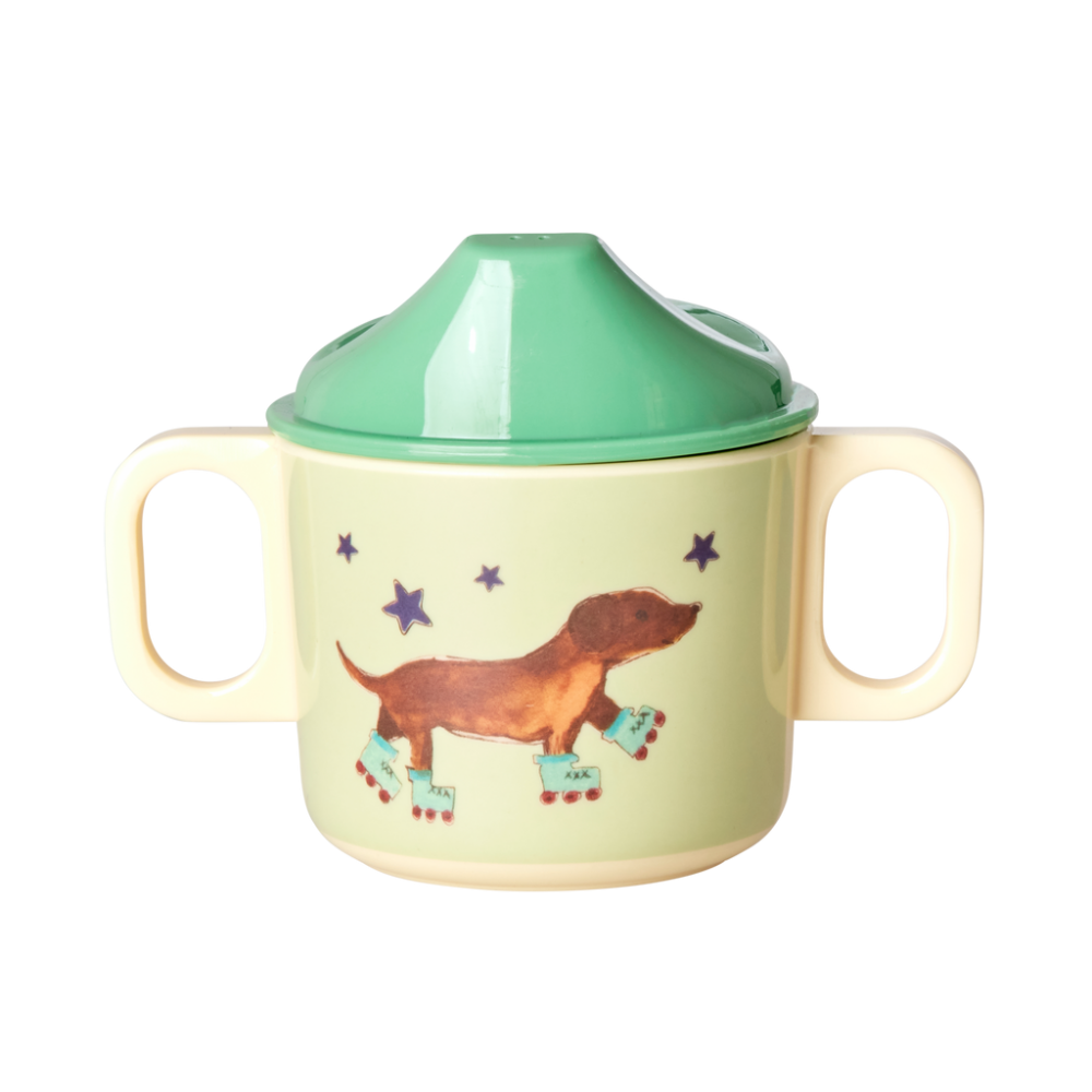 Party Animal Green Dog Print 2 Handle Baby Melamine Cup Rice DK