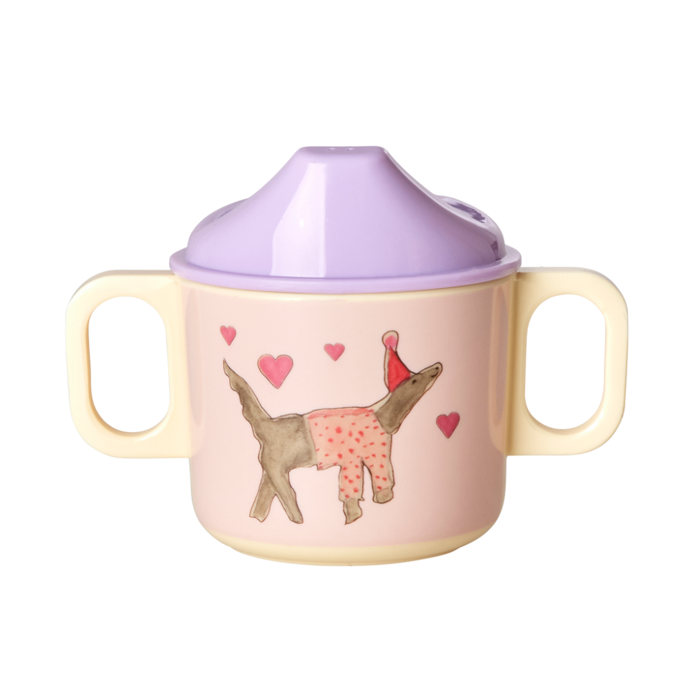 Party Animal Pink Dog Print 2 Handle Baby Melamine Cup Rice DK