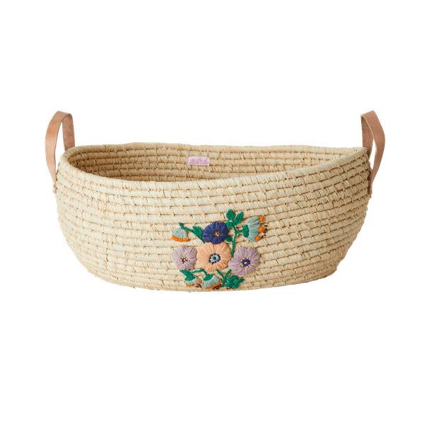 Natural Coloured Oval Raffia Basket Embroidered Flowers By Rice