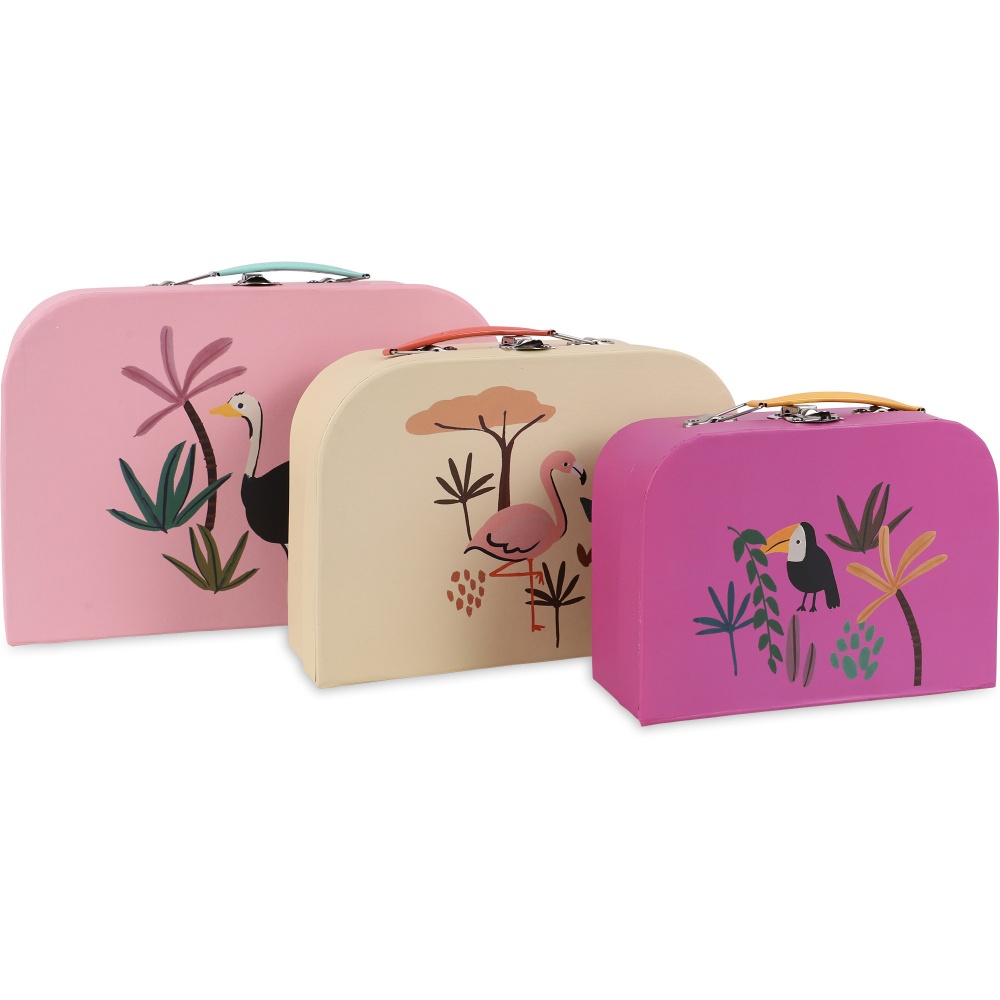 Set of 3 Children's Cardboard Suitcases Pink Jungle Print By Rice DK