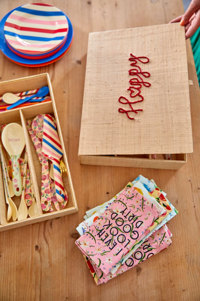 Raffia Cutlery Box Embroidered Happy By Rice DK