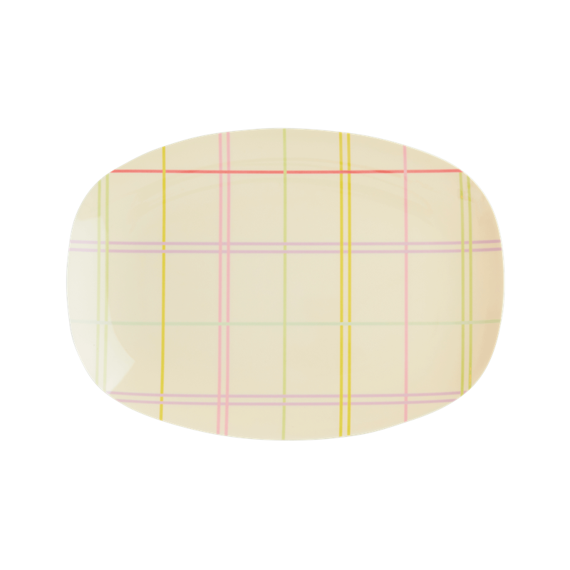 Cream with Coloured Check Print Small Melamine Rectangular Plate By Rice DK