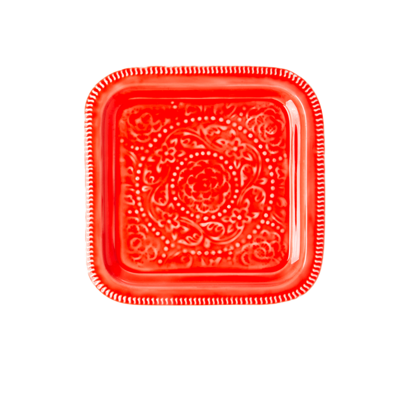 Red Enamel Embossed Square Tray By Rice DK