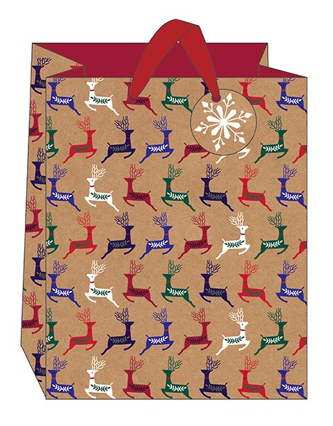 Kraft Reindeer Christmas Print Large Gift Bag