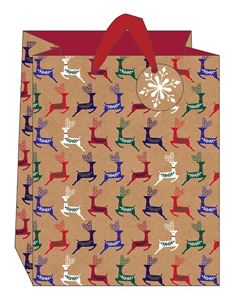 Reindeer Christmas Print Large Gift Bag with matching tag