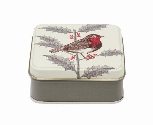 Holly Robin Print Small Square Tin Thornback Peel Vibrant Home