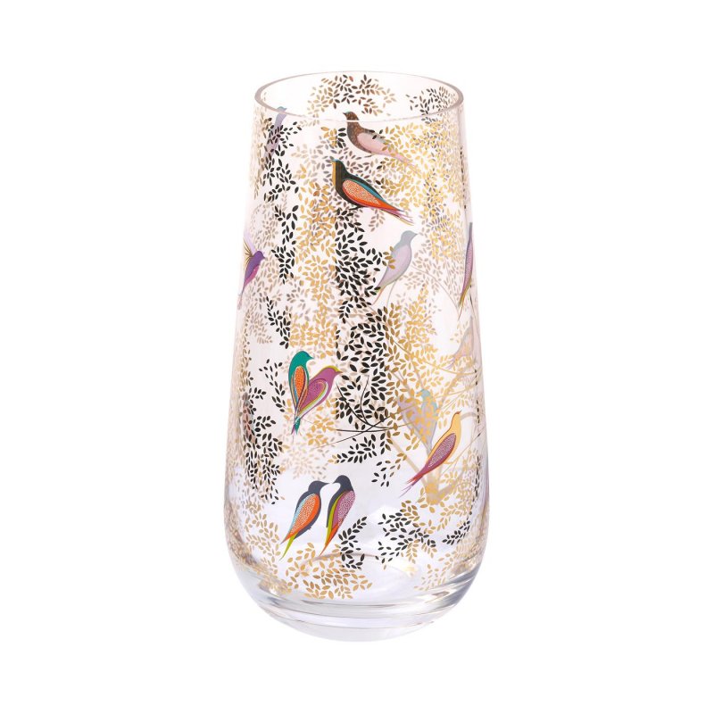 Gold Leaves & Bird Print Glass Vase By Sara Miller