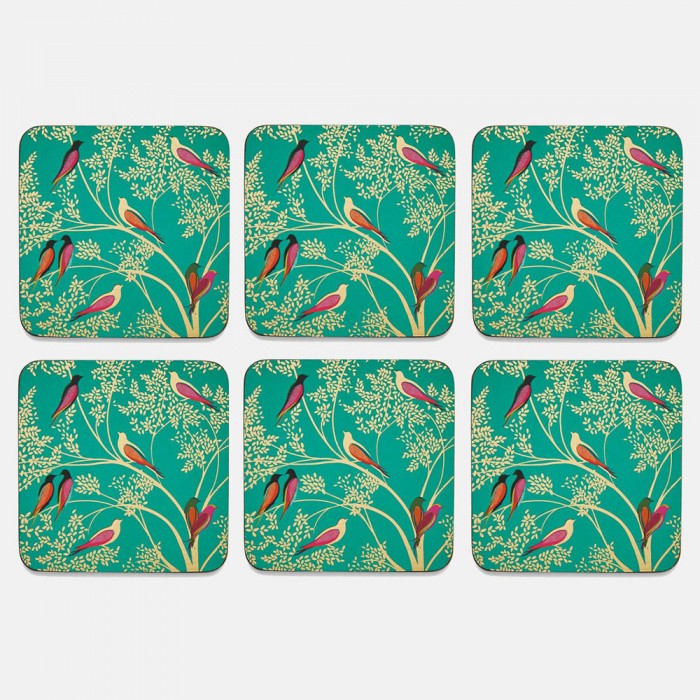 Coasters Set of 6 Green Bird Print By Sara Miller