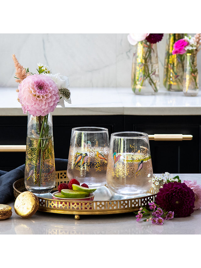 Gold Leaves & Bird Print Set of 2 Glass Tumblers By Sara Miller