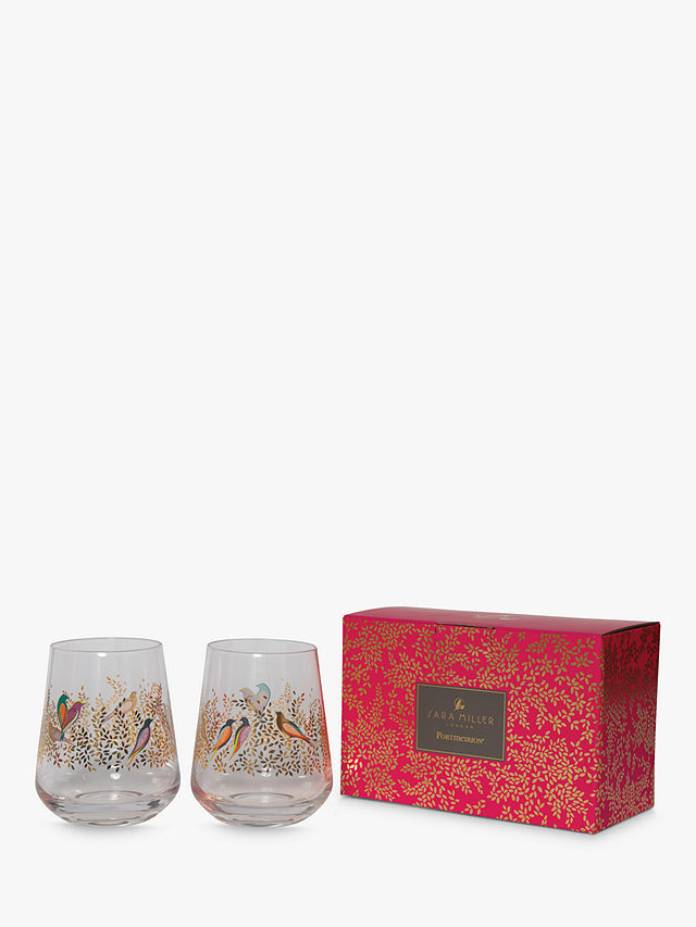 Gold Leaves & Bird Print Set of 2 Glass Tumblers By Sara Miller
