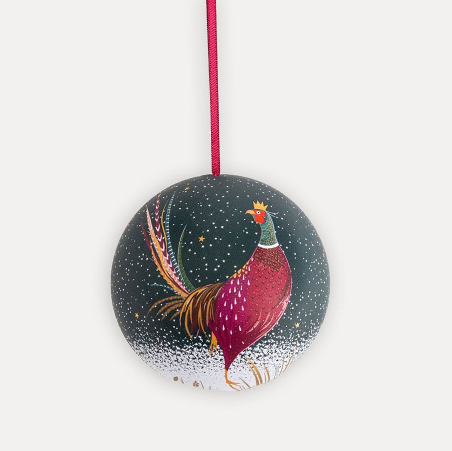 Winter Scene Pheasant Round Tin Bauble Sara Miller