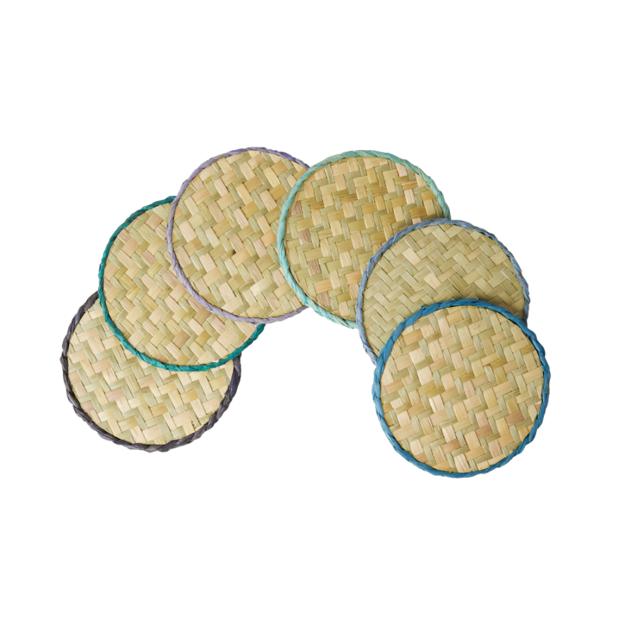 Set of 6 Assorted Blue and Green Raffia Drink Coasters Rice DK ...