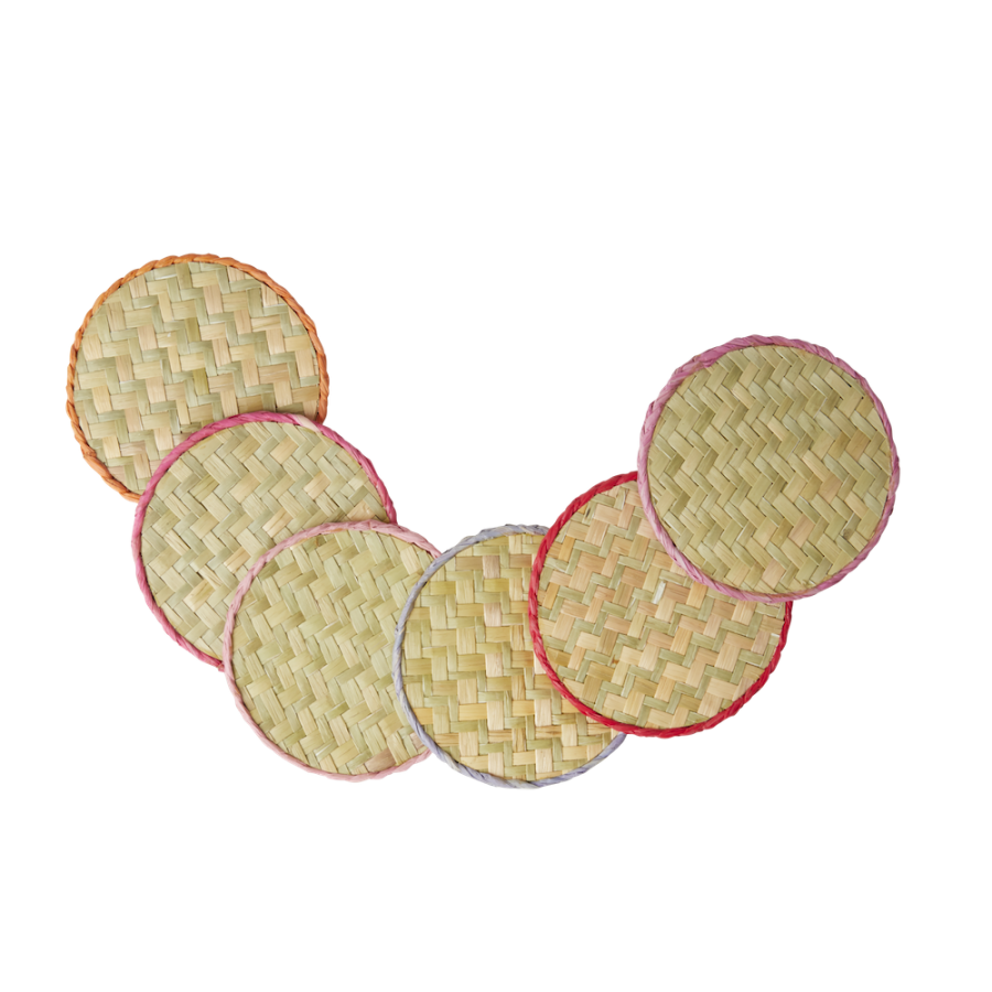 Set of 6 Assorted Red and Pinks Raffia Drink Coasters Rice DK - Vibrant ...
