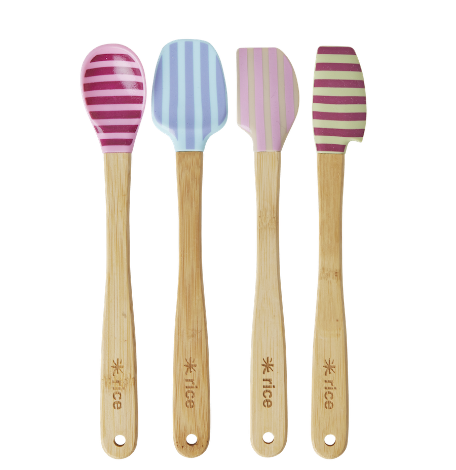 Set of 4 Bamboo & Silicone Kitchen Utensils Stripe Print Rice DK