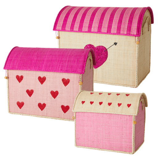 Set of 3 Pink Heart Raffia Toy Storage Baskets Rice DK