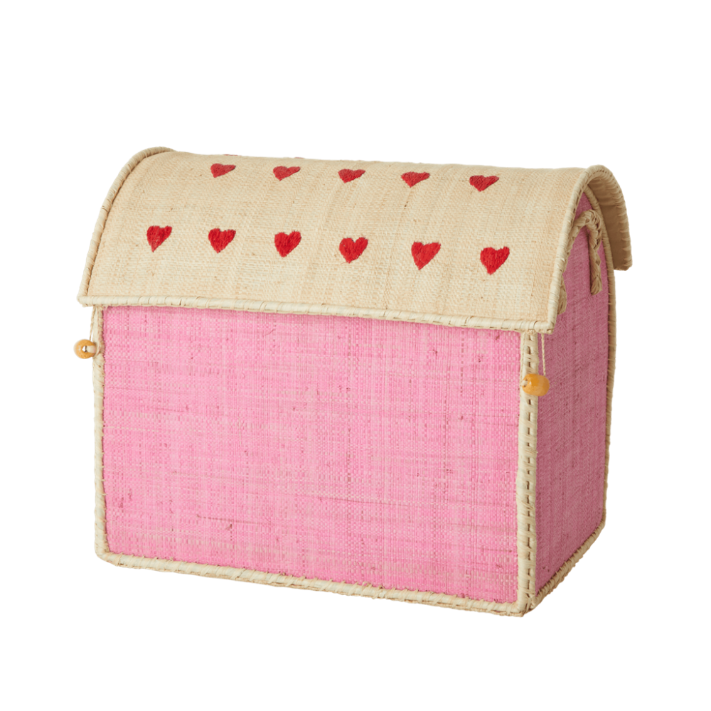 Small Pink Heart Raffia Toy Storage Baskets Rice DK
