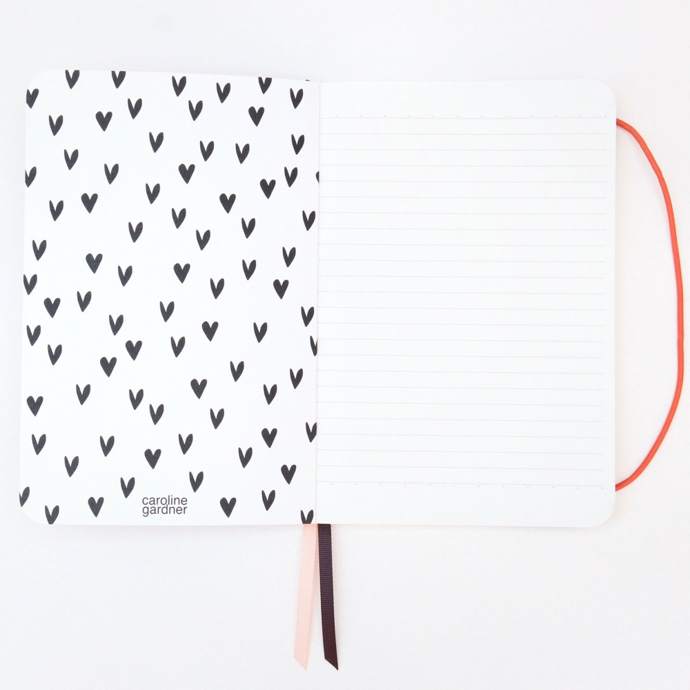 Teal Hearts Print A5 Notebook with Ribbon Page Markers By Caroline Gardner