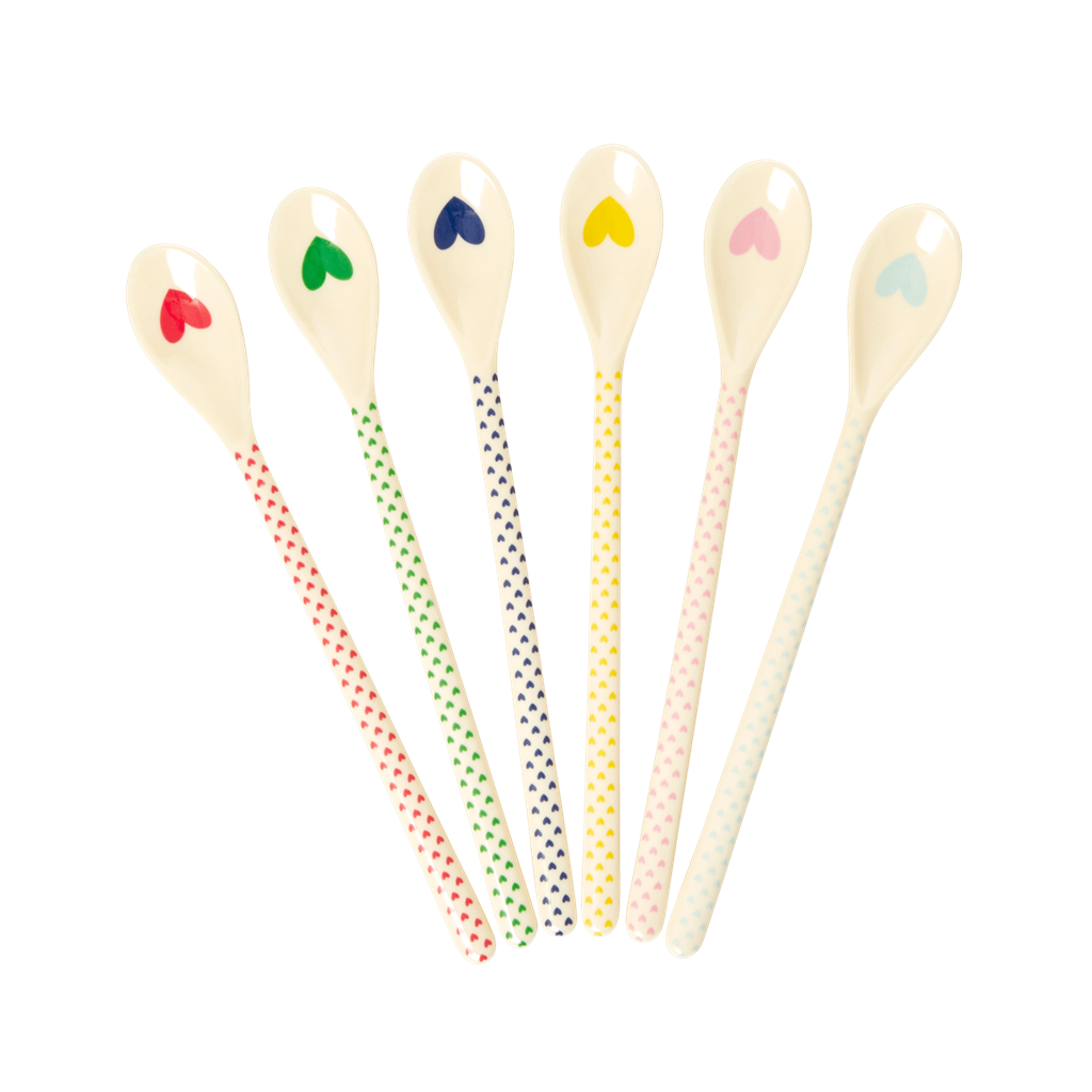Long Handle Melamine Latte Spoons Heart Print Rice DK Vibrant Home