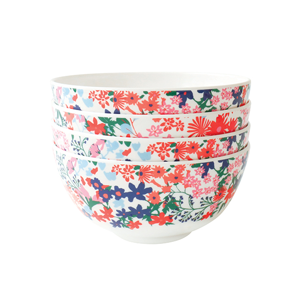 Set of 4 Melamine Bowls By Joules, with a Floral Print Vibrant Home