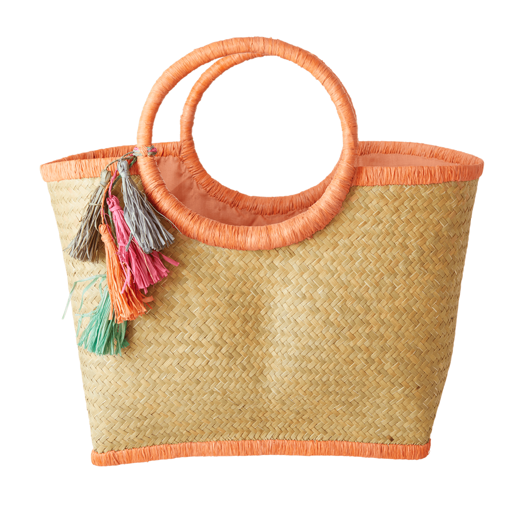 Raffia Shopping Basket in Coral with Tassels By Rice DK - Vibrant Home
