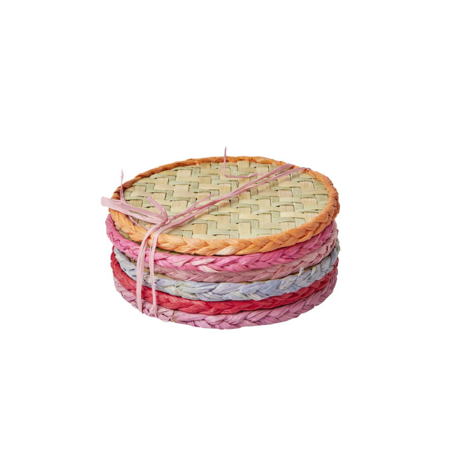 Set of 6 Assorted Red and Pinks Raffia Drink Coasters Rice DK - Vibrant ...