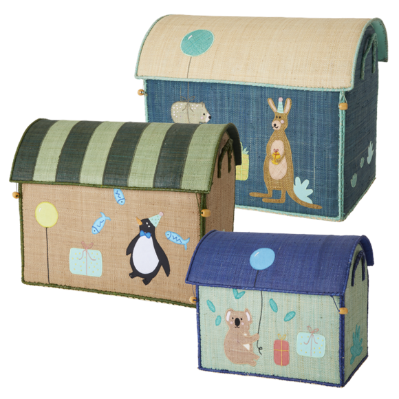 Set of 3 Birthday Animal Raffia Toy Storage Baskets Rice DK