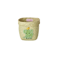 Extra Small Round Raffia Basket Elephant Embroidery By Rice