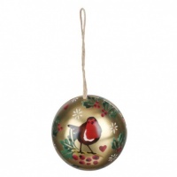 Gold Robin Christmas Print Round Tin Bauble By Emma Bridgewater