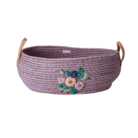 Lavender Coloured Oval Raffia Basket Embroidered Flowers By Rice
