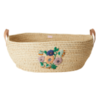 Natural Coloured Large Oval Raffia Basket Embroidered Flowers By Rice