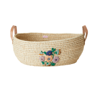 Natural Coloured Oval Raffia Basket Embroidered Flowers By Rice