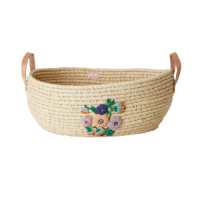 Natural Coloured Oval Raffia Basket Embroidered Flowers By Rice