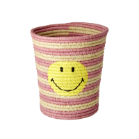 Pink Striped Smile Print Round Raffia Storage Basket By Rice DK