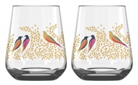 Gold Leaves & Bird Print Set of 2 Glass Tumblers By Sara Miller