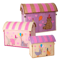 Set of 3 Colourful Pink Party Animals Raffia Toy Storage Baskets Rice DK